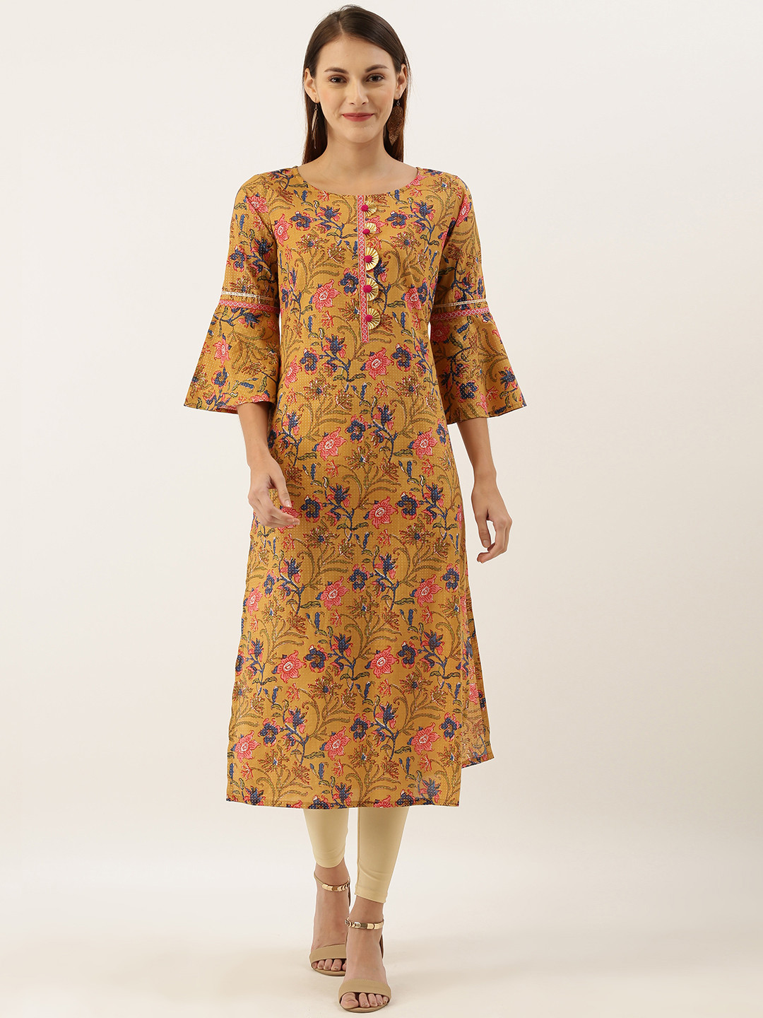 

Varanga Women Mustard Yellow & Pink Floral Printed Straight Kurta with Bell Sleeve
