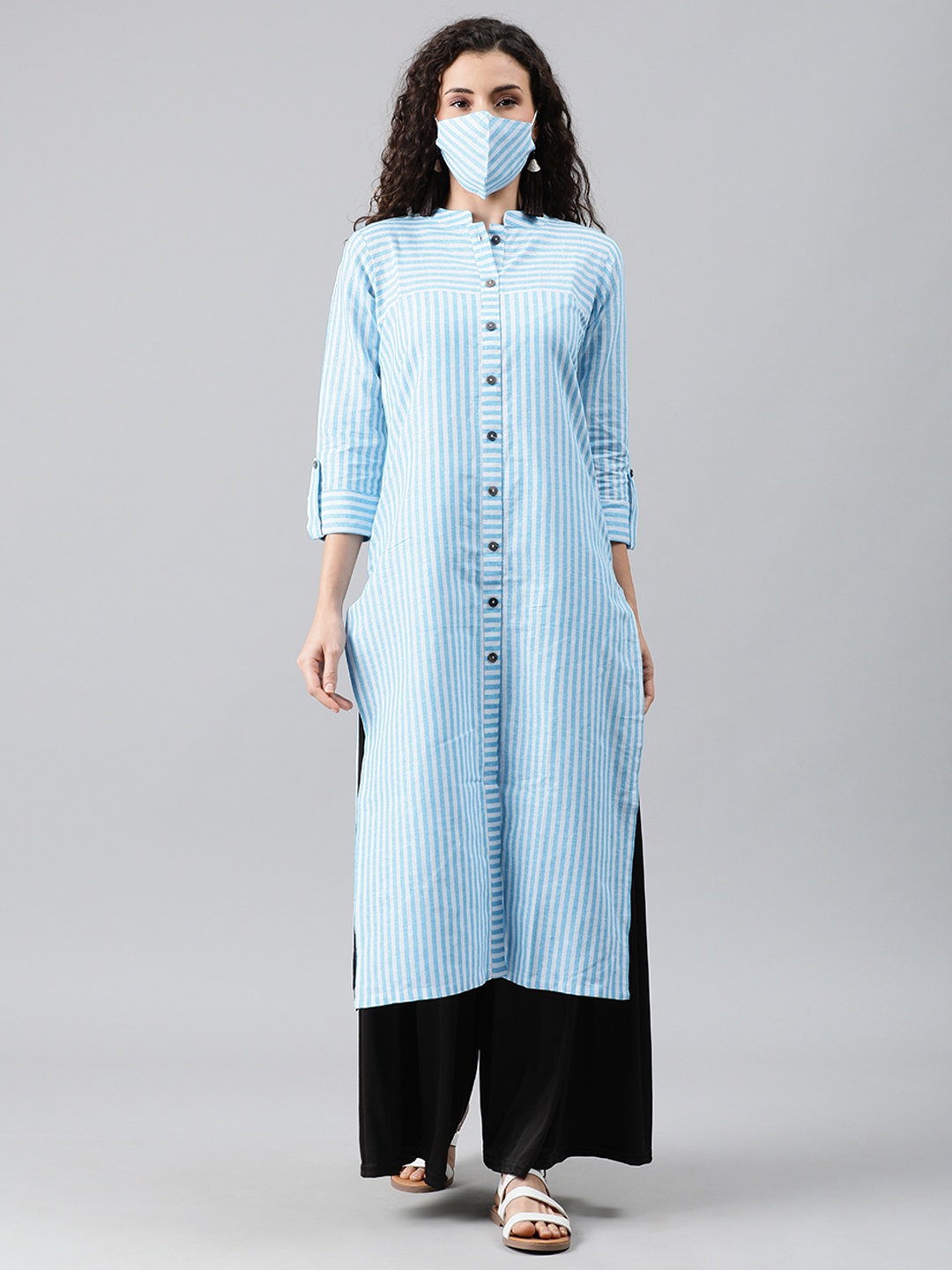 

SANISA Women Blue White Striped Straight Kurta