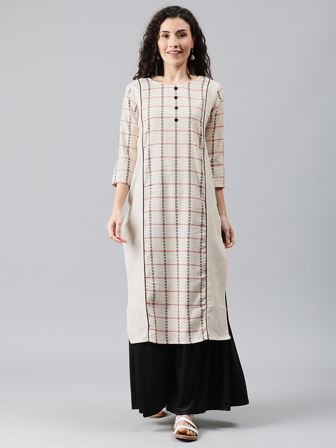 

SANISA Women Beige & Black Woven Design Straight Kurta