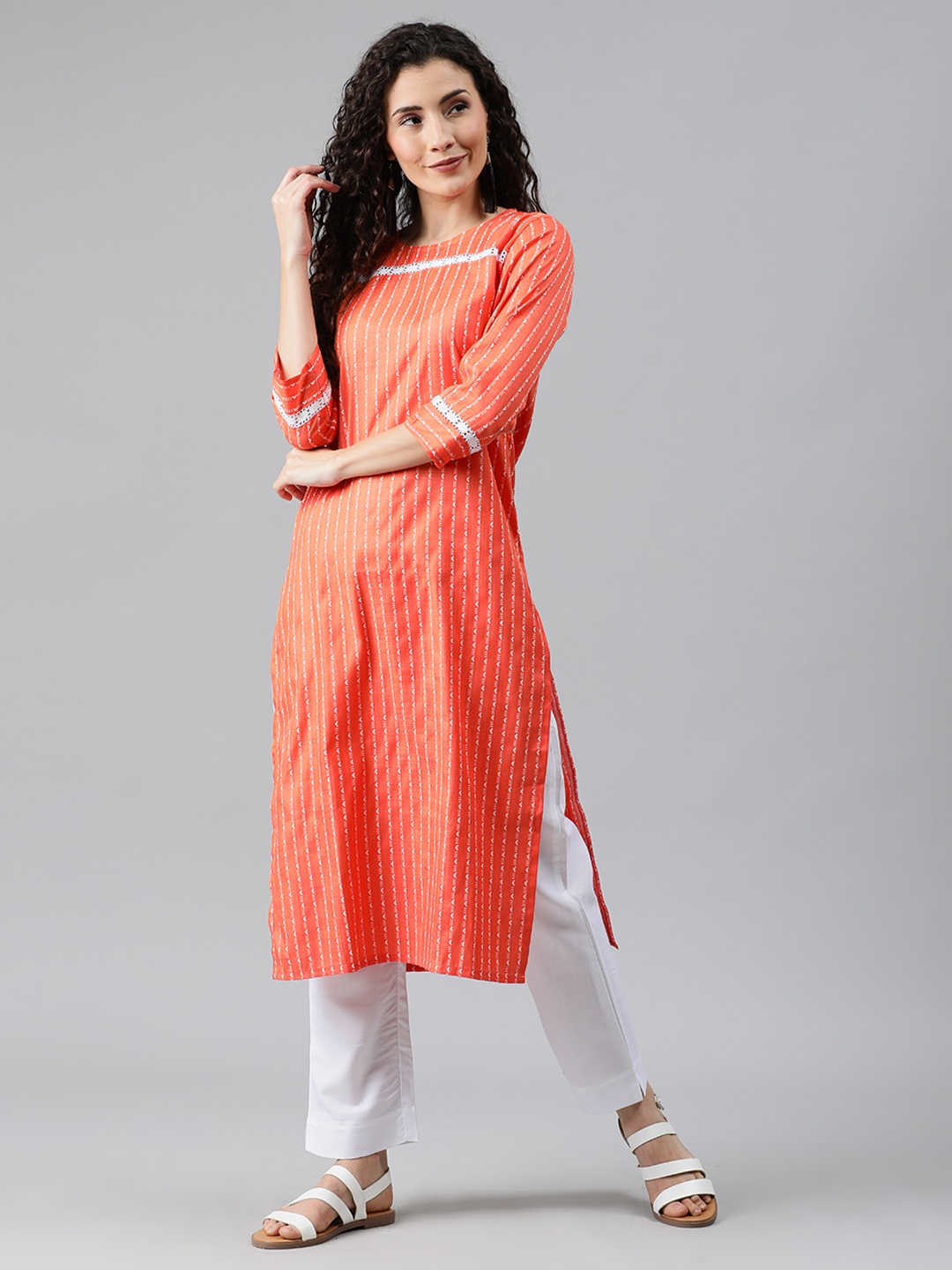 

SANISA Women Orange & White Striped Straight Kurta