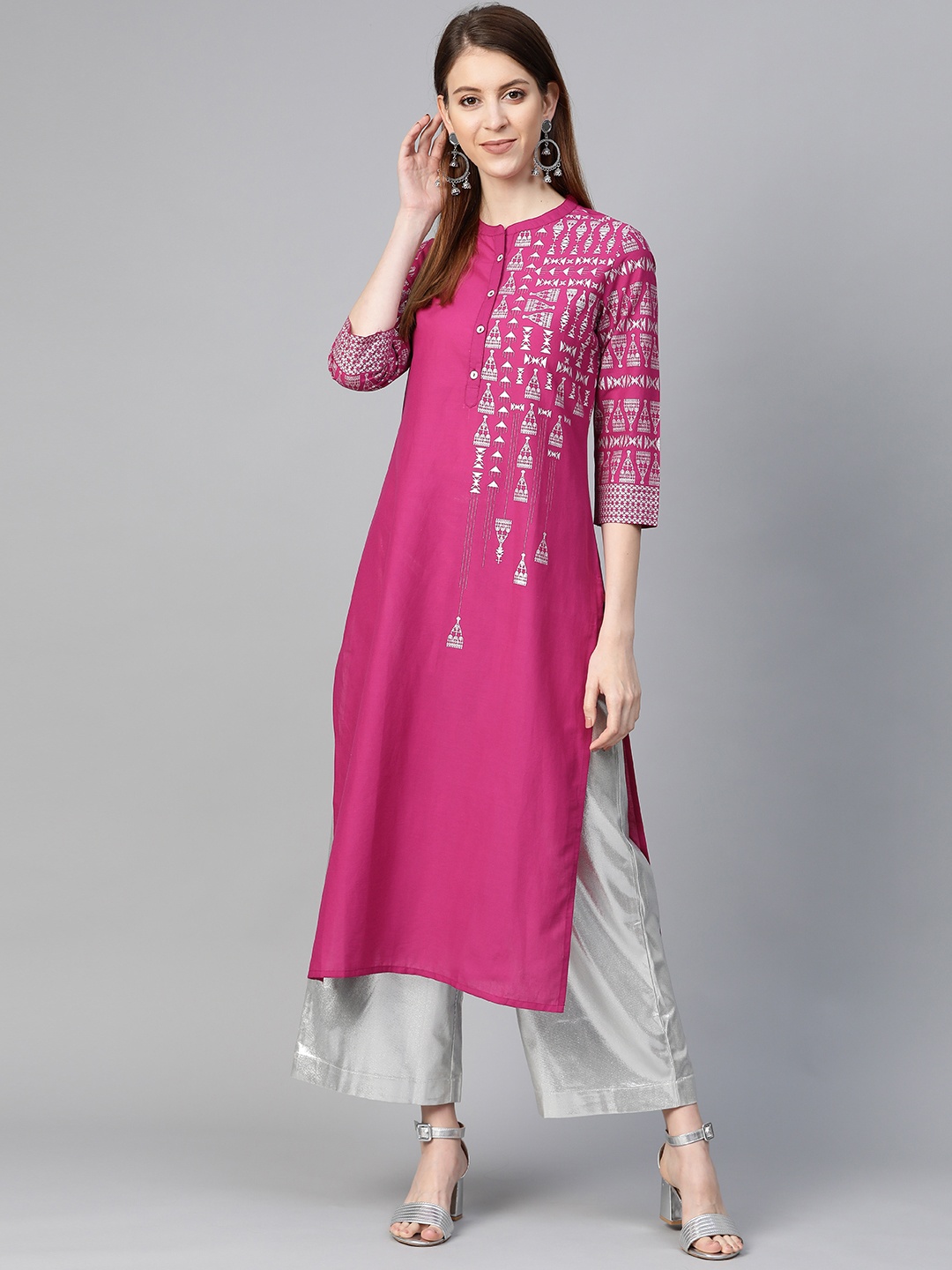 

KSUT Women Pink & Silver Printed Straight Kurta