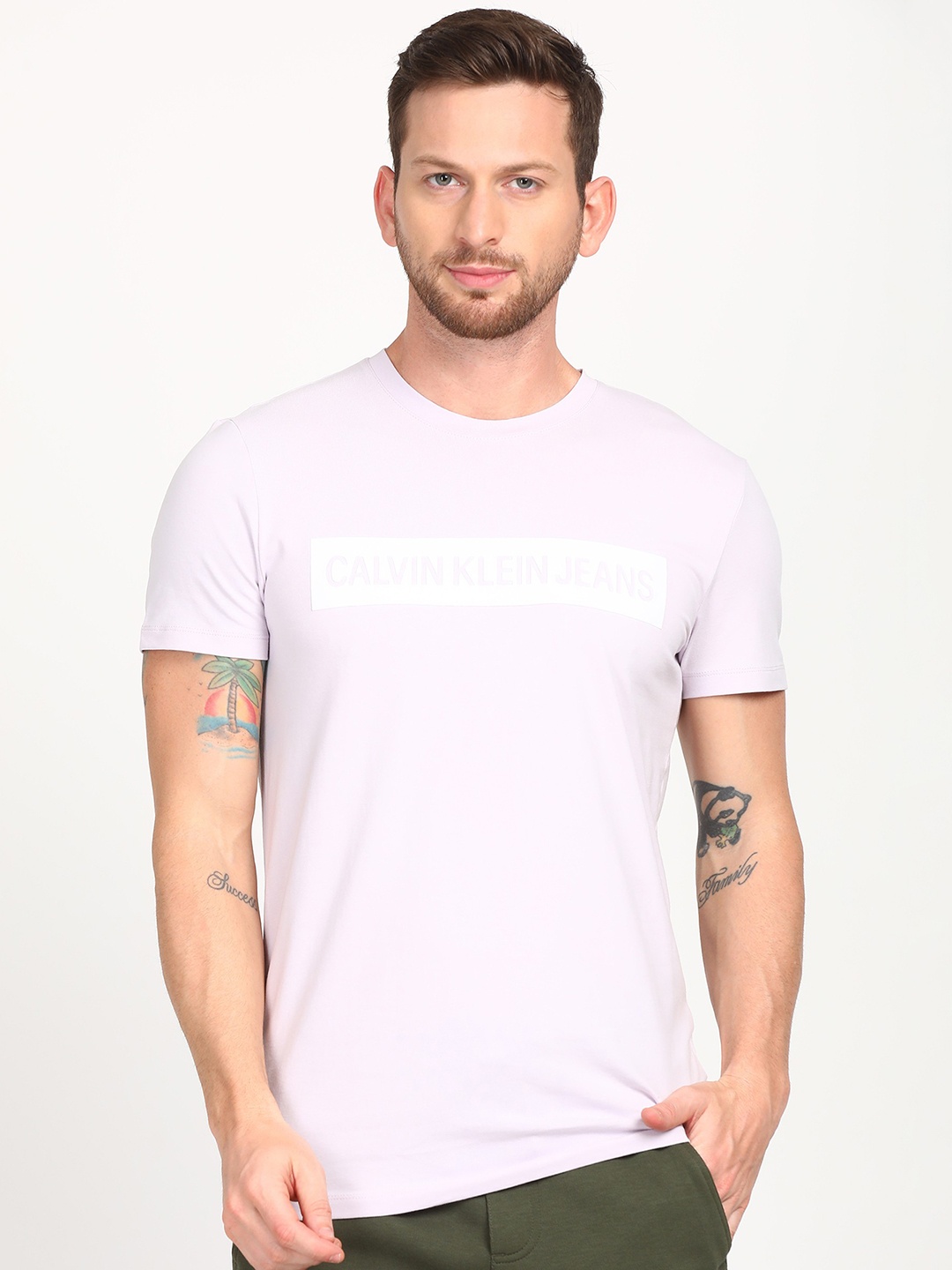 

Calvin Klein Jeans Men Lavender Brand Logo Printed Slim Fit T-shirt