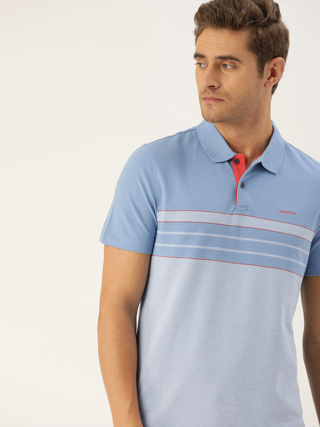 

Calvin Klein Jeans Men Blue Striped Polo Collar Pure Cotton T-shirt