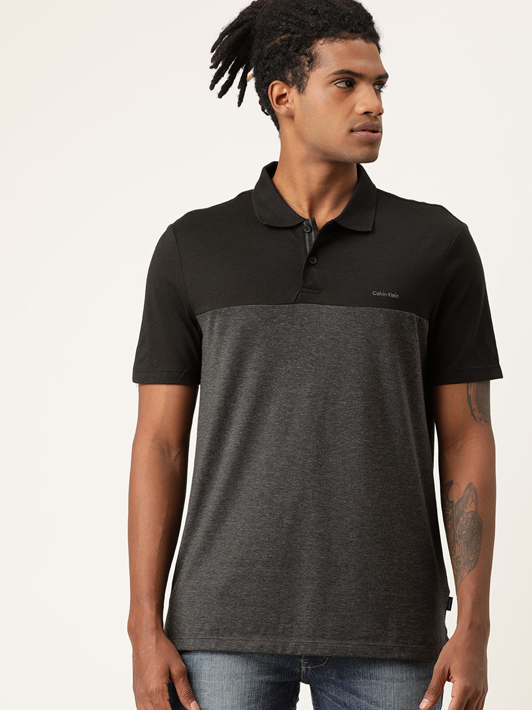 

Calvin Klein Jeans Men Black Charcoal Grey Colourblocked Polo Collar Pure Cotton T-shirt