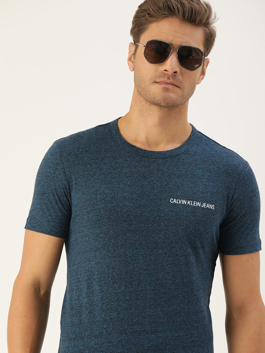 

Calvin Klein Jeans Men Blue Printed Round Neck Pure Cotton T-shirt