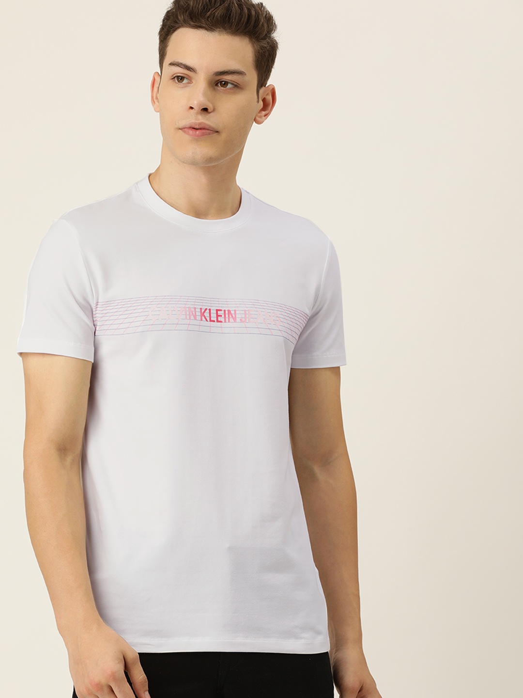 

Calvin Klein Jeans Men White Solid Round Neck T-shirt With Printed Detailing