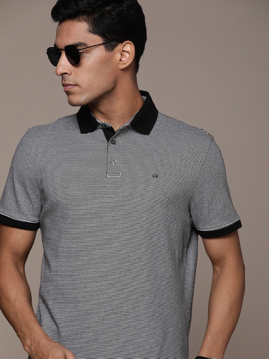 

Calvin Klein Jeans Men Black & White Striped Polo Collar Pure Cotton T-shirt