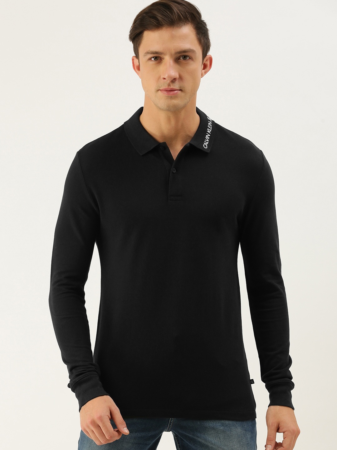 

Calvin Klein Jeans Men Black Embroidered Polo Collar Slim Fit Pure Cotton T-shirt