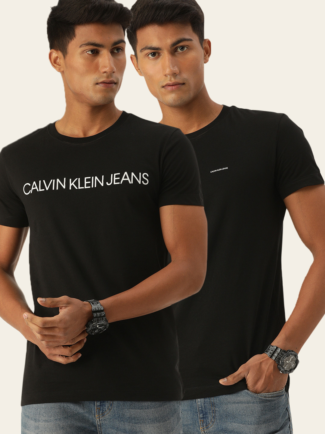 

Calvin Klein Jeans Men Pack Of 2 Black Printed Organic Cotton Slim Fit Round Neck Organic Cotton T-shirt