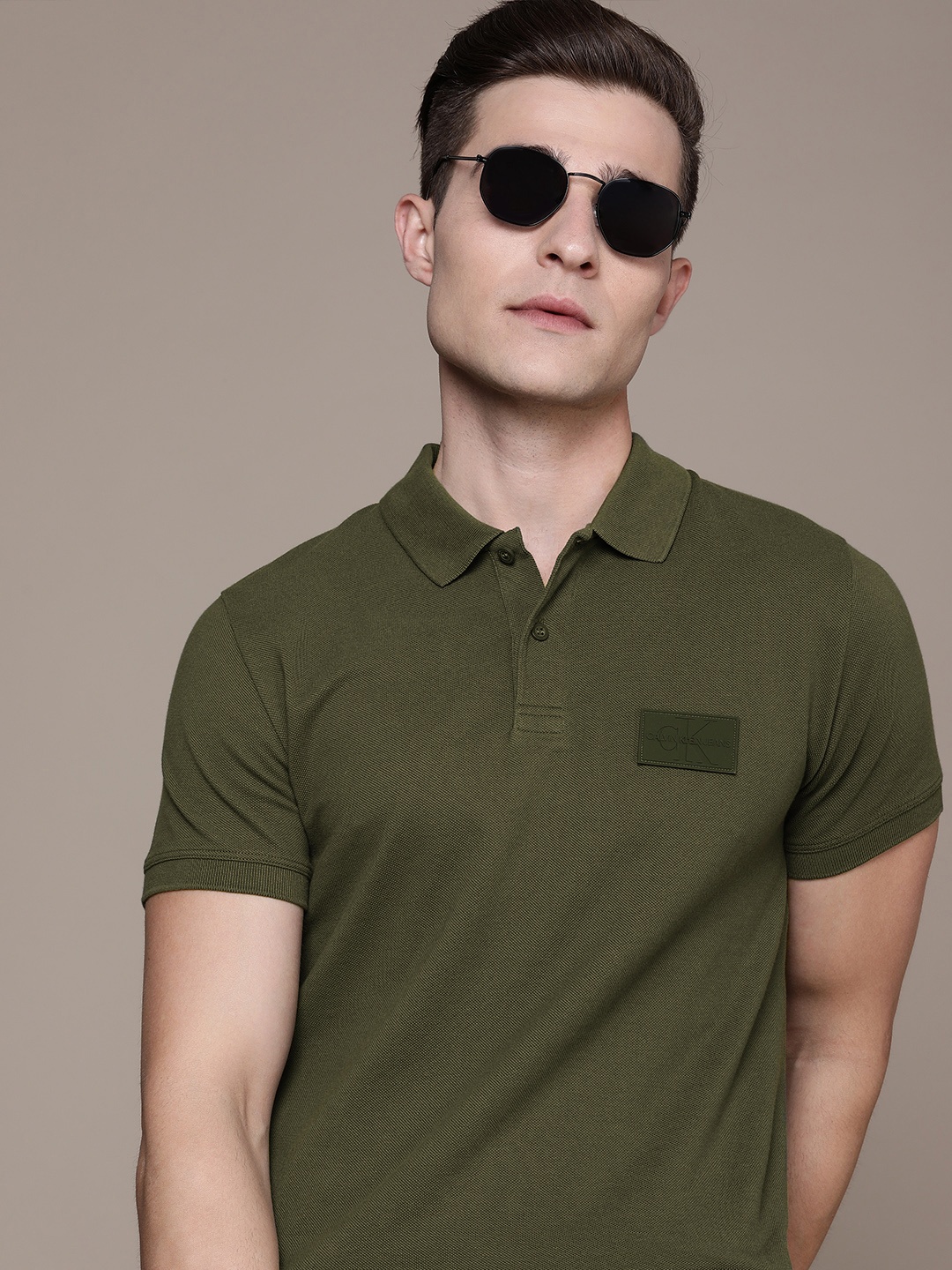 

Calvin Klein Jeans Men Olive Green Polo Collar Applique Slim Fit T-shirt