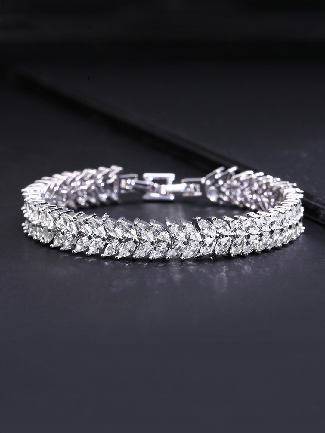 

Yellow Chimes Silver-Toned Cubic Zircon Designer Rhodium-Plated Bracelet