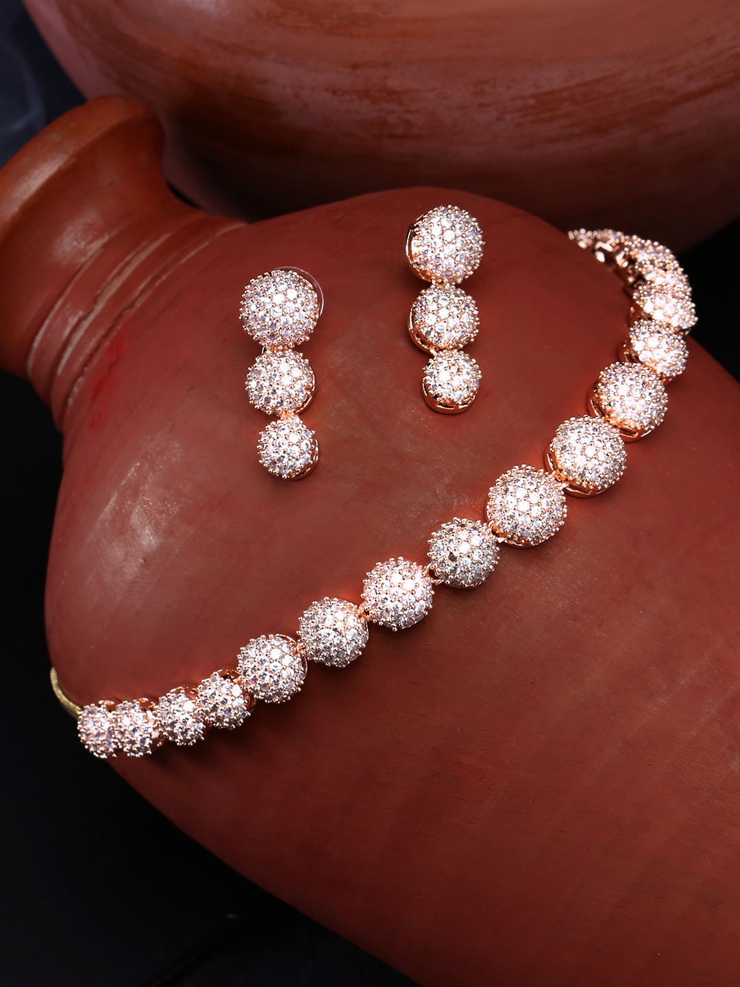

Yellow Chimes Rose Gold-Plated American Diamond Studded Jewellery Set
