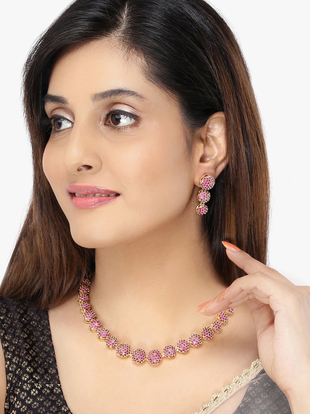 

Yellow Chimes Gold-Plated Pink AD-Studded Handcrafted Jewellery Set