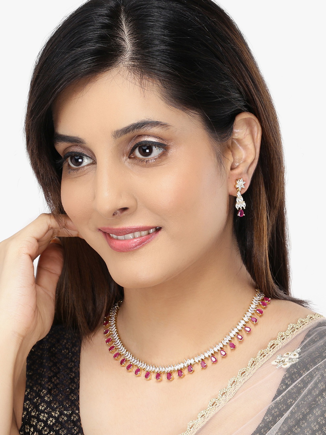 

Yellow Chimes Gold-Plated Pink & White AD-Studded Handcrafted Jewellery Set