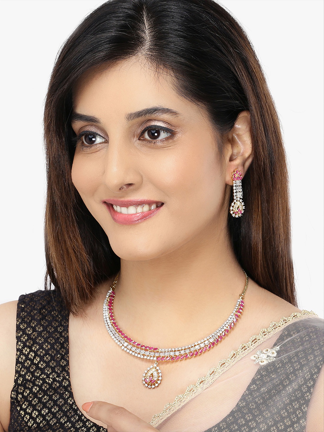 

Yellow Chimes Gold-Plated Silver-Toned & Pink AD-Studded Handcrafted Jewellery Set