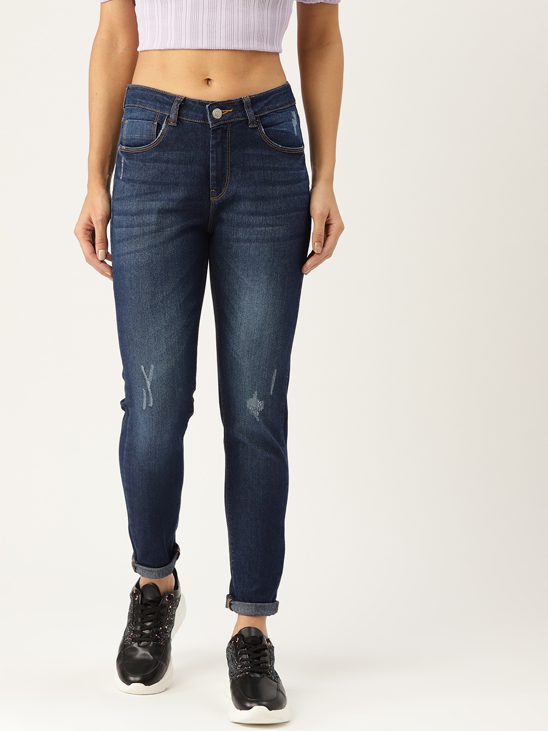 

Flying Machine Women Navy Blue Vironica Skinny Fit Mid-Rise Low Distress Stretchable Jeans