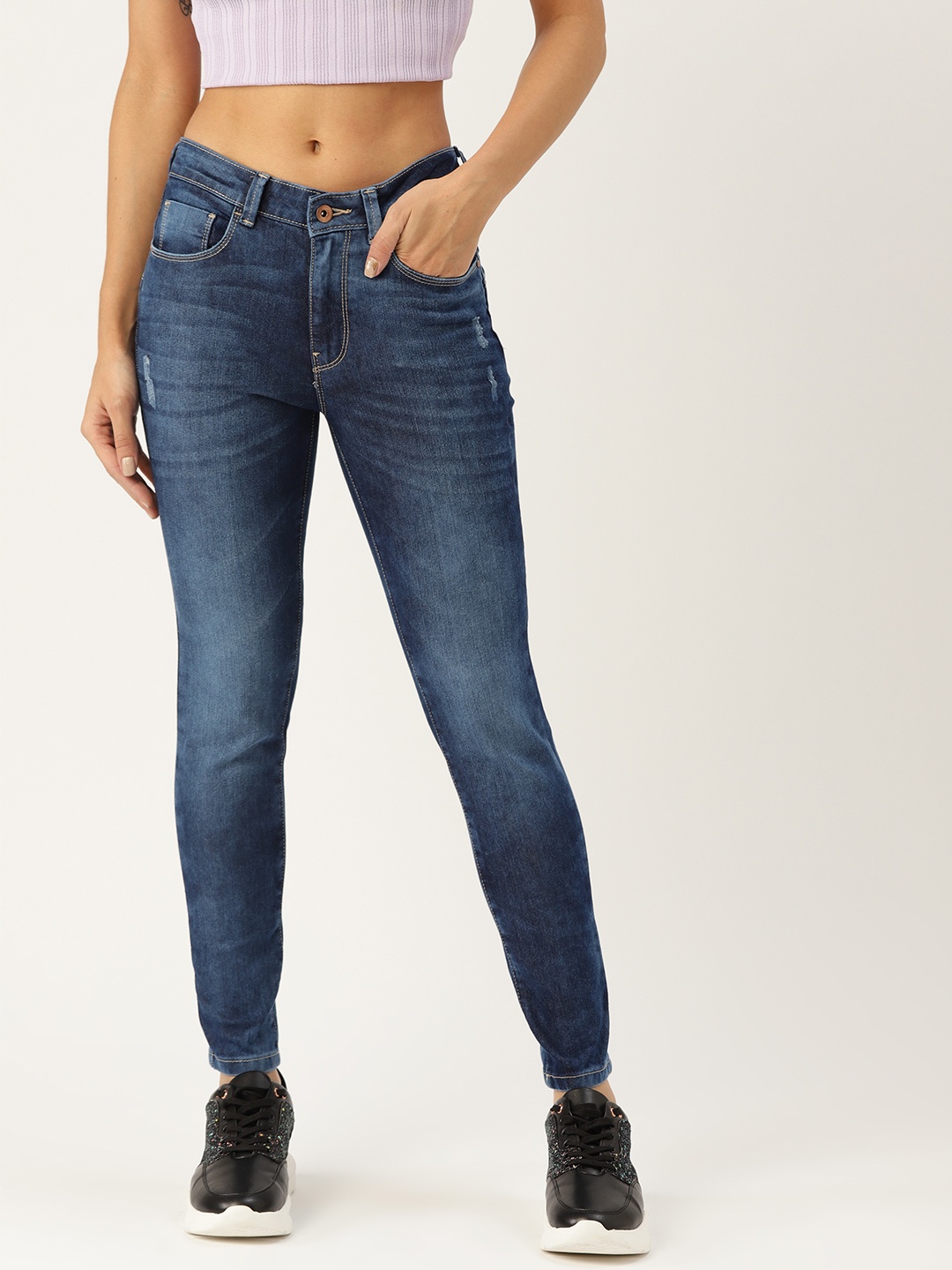 

Flying Machine Women Navy Blue Twiggy Super Skinny Fit Mid-Rise Low Distress Jeans
