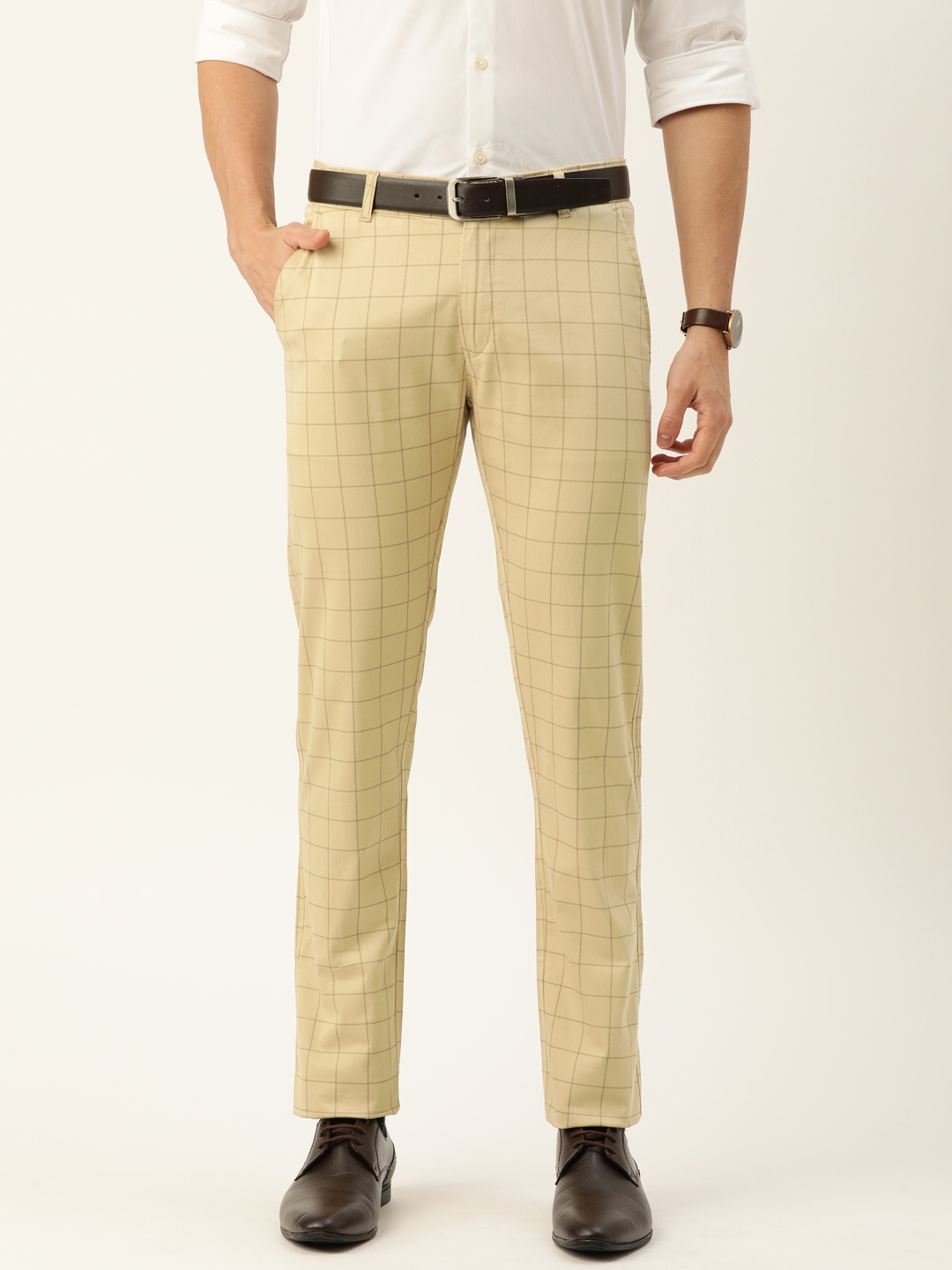 

Hancock Men Beige Slim Fit Checked Formal Trousers