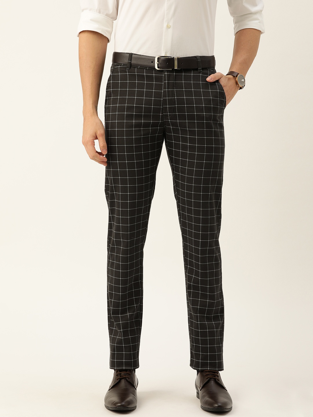 

Hancock Men Charcoal Grey & White Slim Fit Checked Formal Trousers