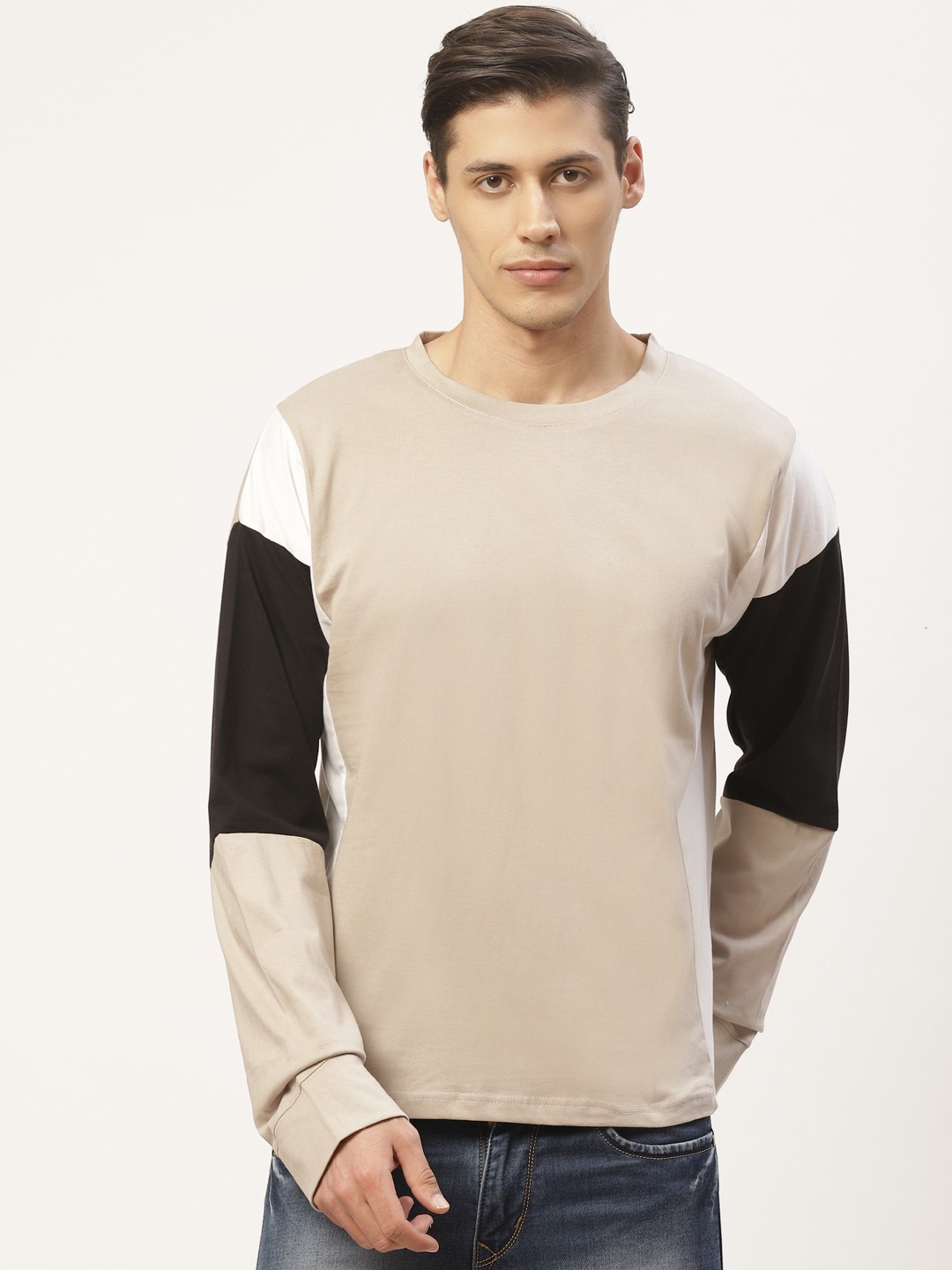 

PAUSE SPORT Men Grey White Colourblocked Boxy Fit Round Neck Pure Cotton T-shirt