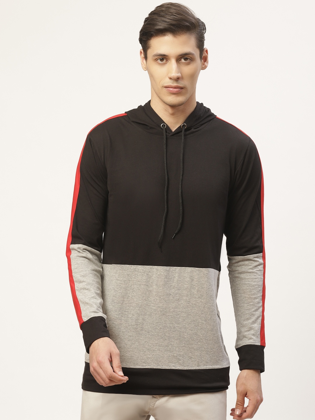 

PAUSE SPORT Men Black & Grey Melange Colourblocked Hooded Sweatshirt