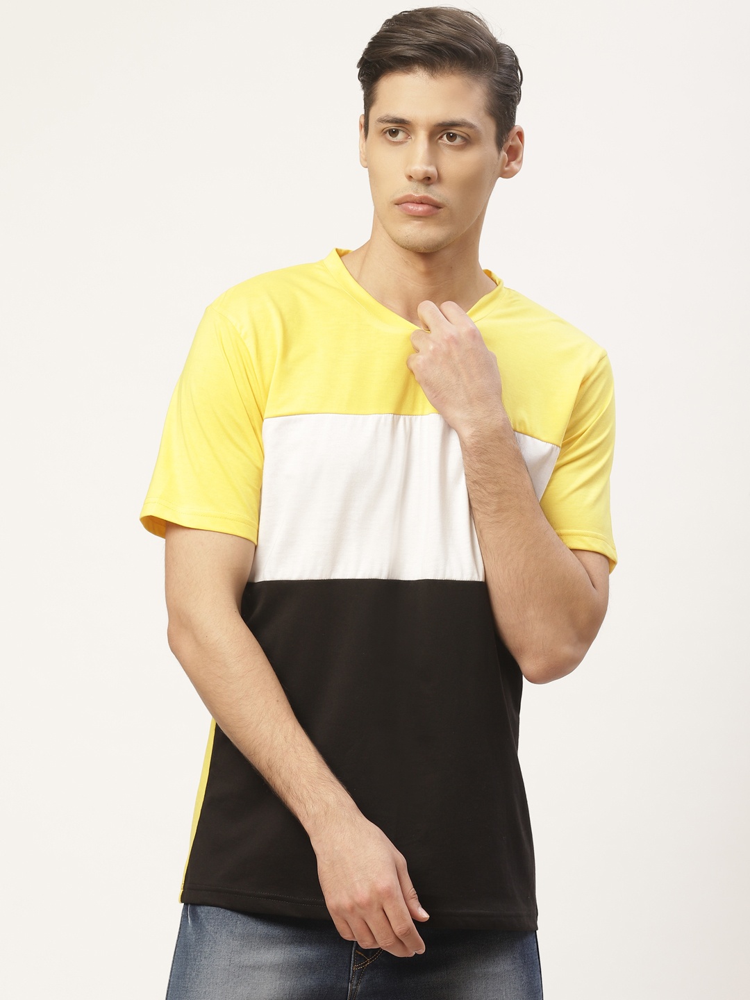 

PAUSE SPORT Men Yellow Black Colourblocked Round Neck Pure Cotton T-shirt