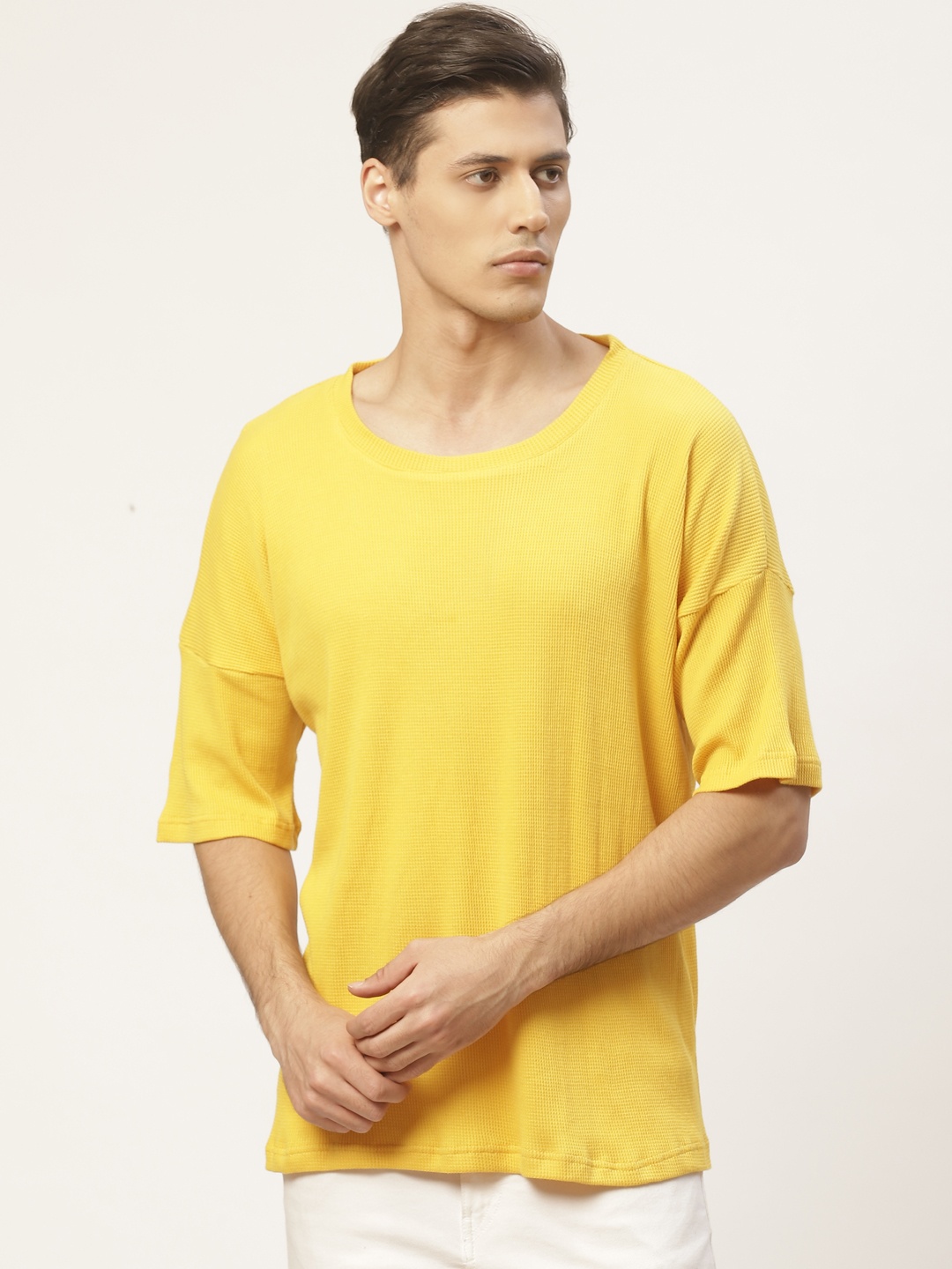 

PAUSE SPORT Men Yellow Self Design Round Neck T-shirt