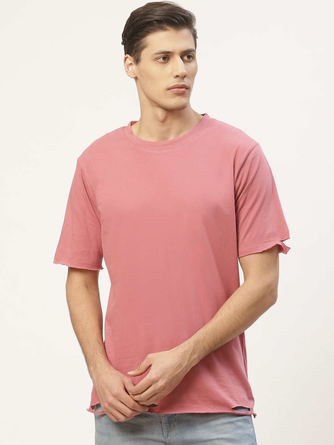 

PAUSE SPORT Men Pink Distressed Detail Round Neck Pure Cotton T-shirt