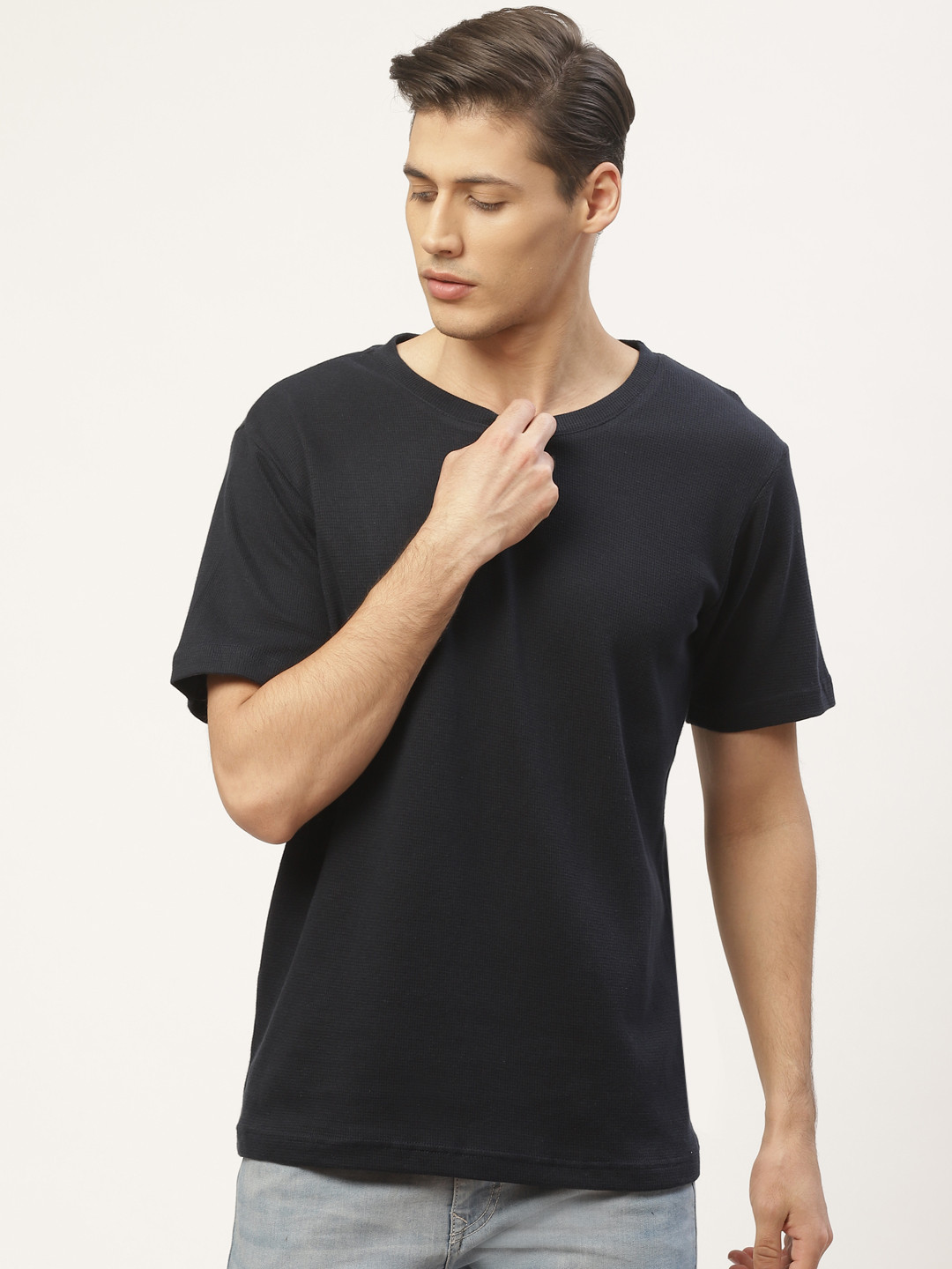 

PAUSE SPORT Men Navy Blue Boxy Fit Self Design Round Neck T-shirt