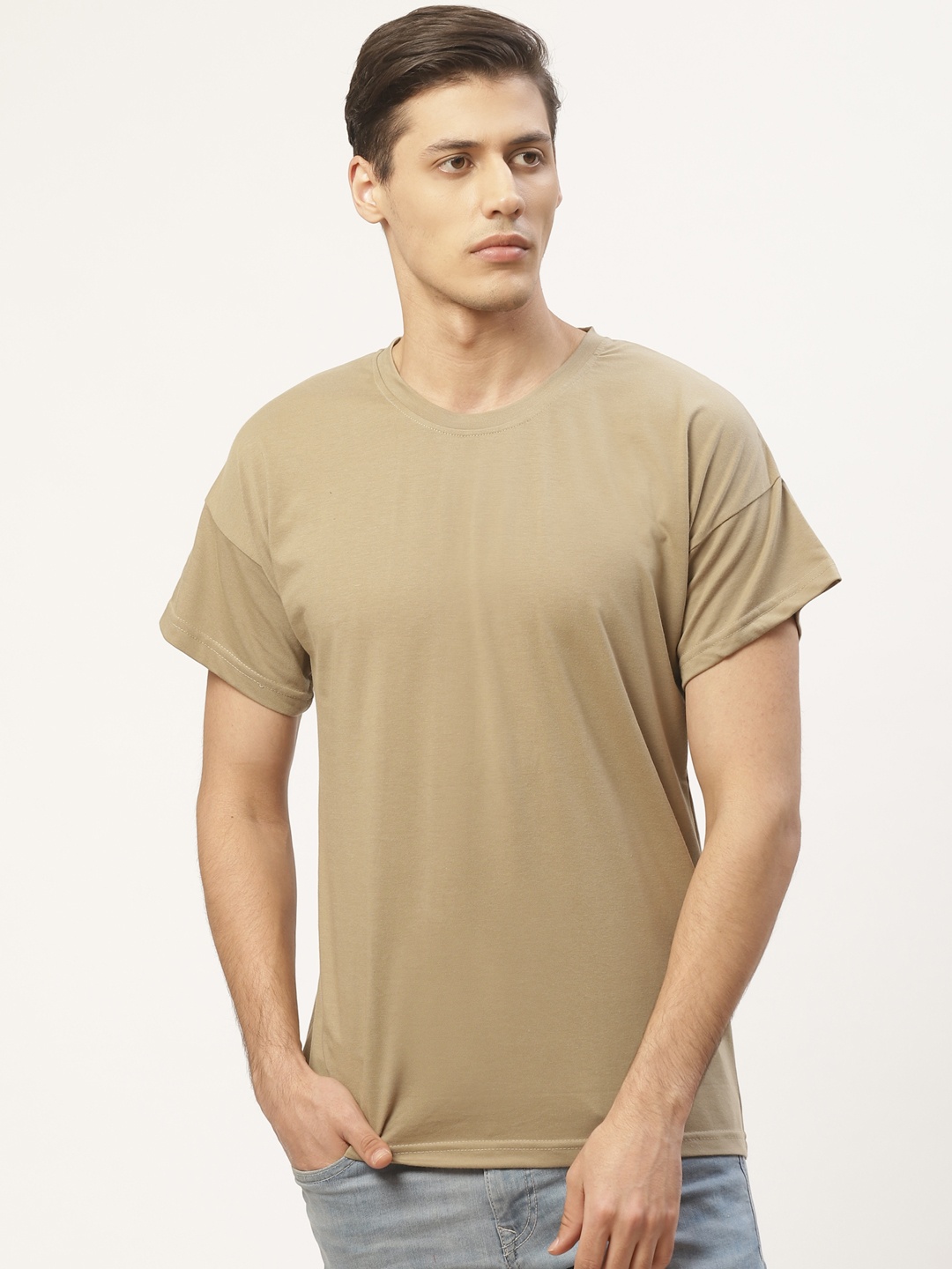 

PAUSE SPORT Men Khaki Solid Round Neck Pure Cotton T-shirt