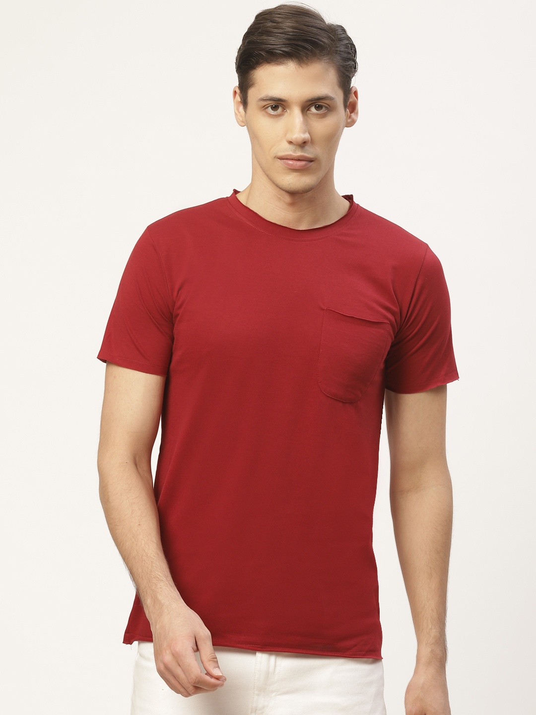 

PAUSE SPORT Men Maroon Solid Round Neck Pure Cotton T-shirt