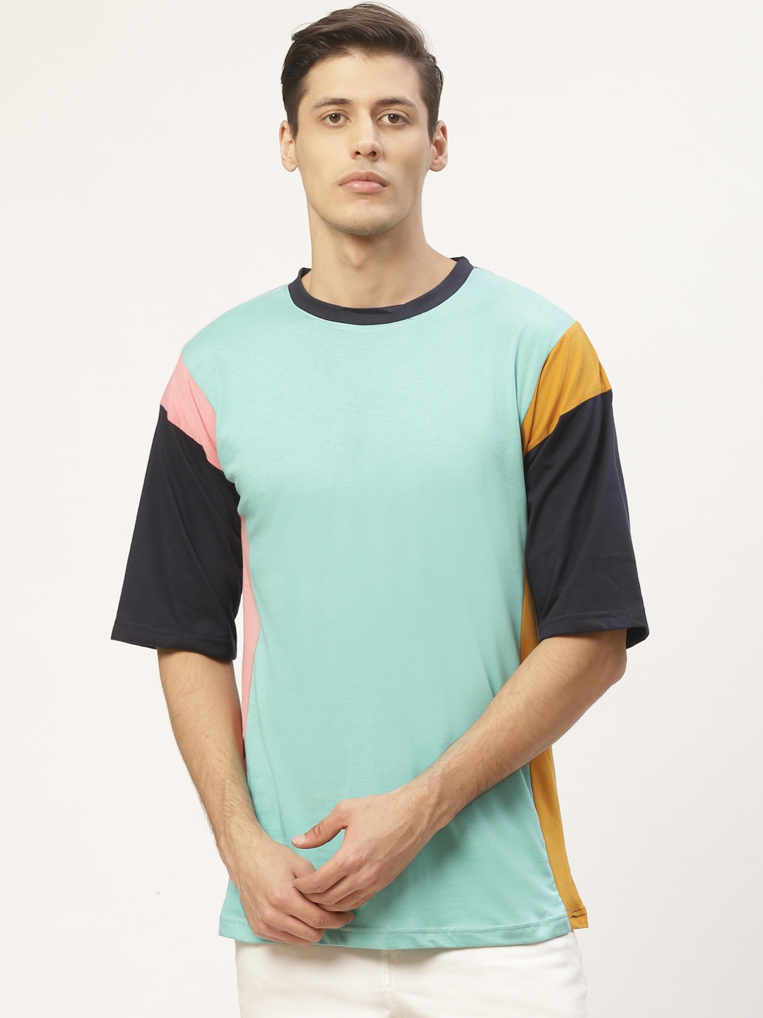

PAUSE SPORT Men Sea Green Orange Colourblocked Detail Round Neck Pure Cotton T-shirt