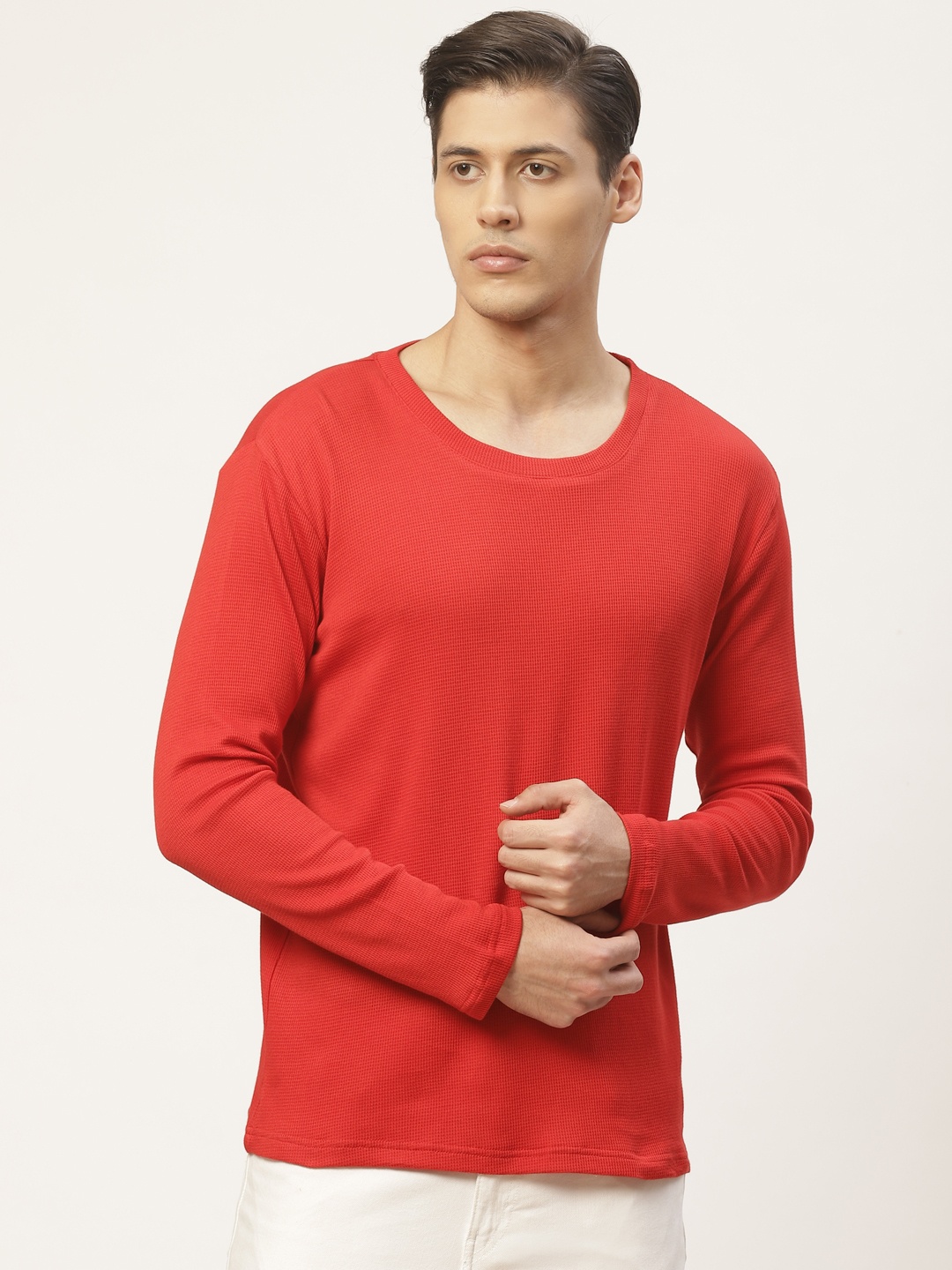 

PAUSE SPORT Men Red Self-Design Round Neck T-shirt