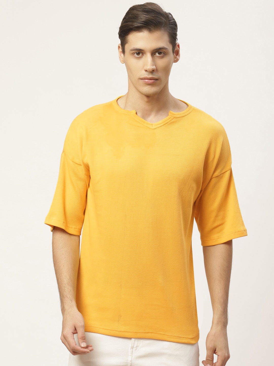 

PAUSE SPORT Men Yellow Self-Striped Round Neck T-shirt