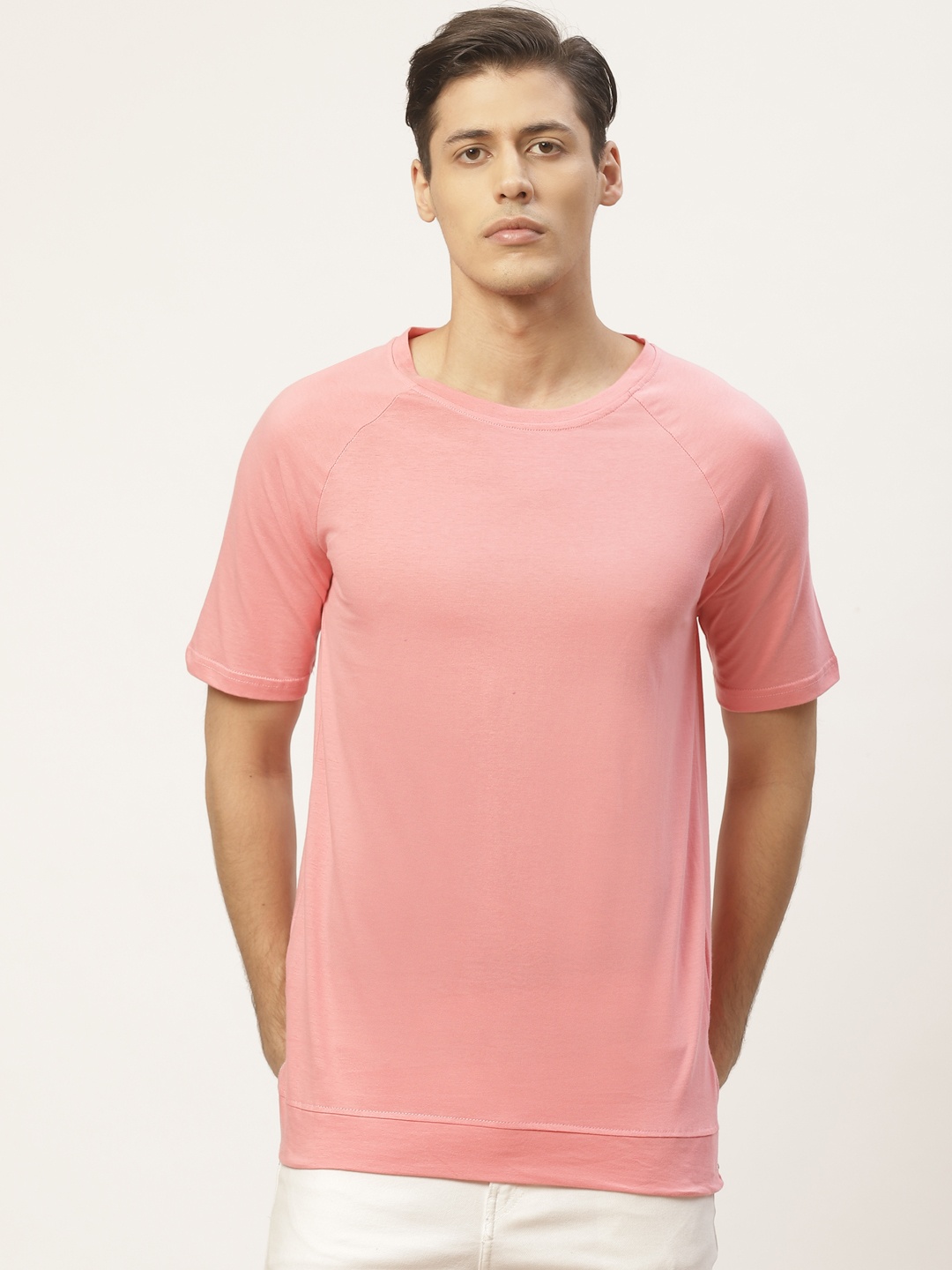 

PAUSE SPORT Men Pink Solid Round Neck Pure Cotton T-shirt