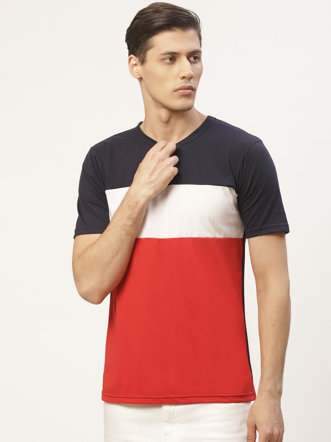 

PAUSE SPORT Men Red White Colourblocked Round Neck Pure Cotton T-shirt