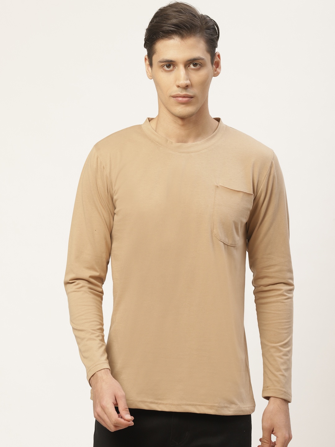 

PAUSE SPORT Men Beige Solid Round Neck Pure Cotton T-shirt