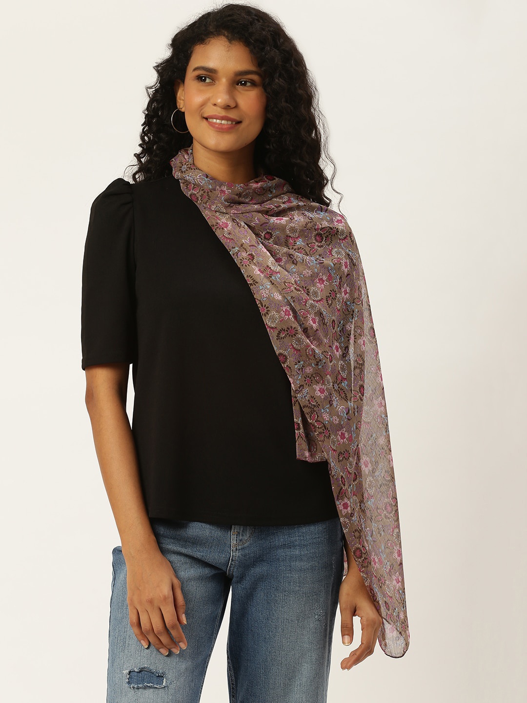 

Trend Arrest Women Brown & Pink Floral Print Scarf