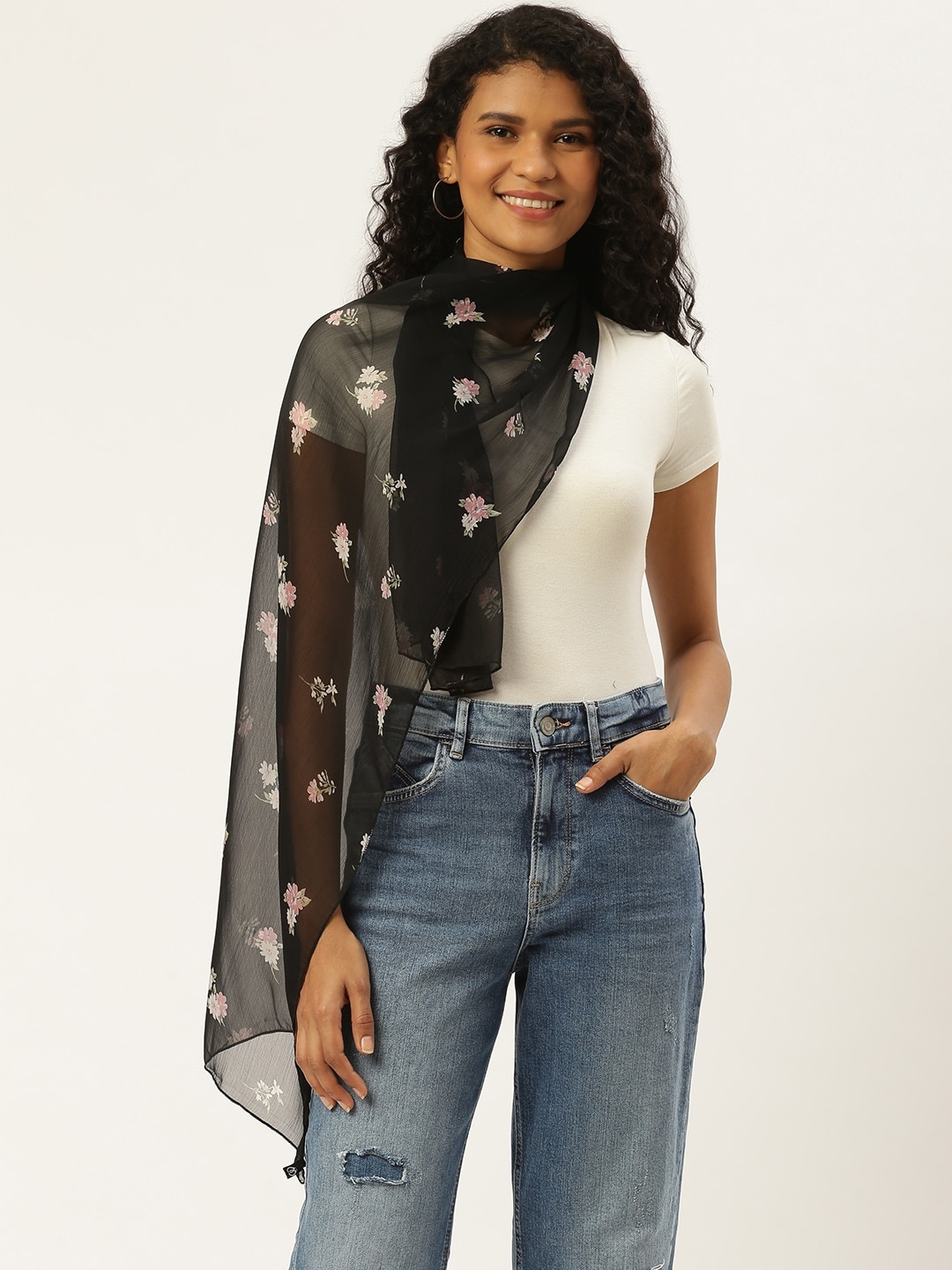 

Trend Arrest Women Black & Pink Floral Print Stole