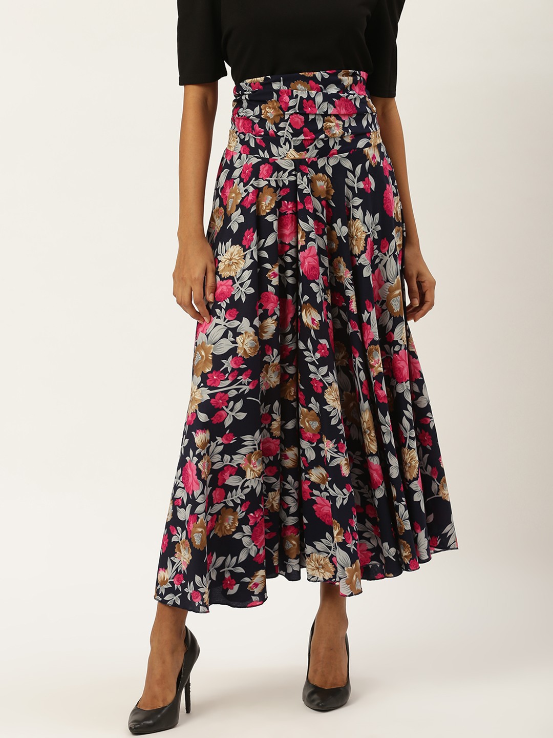 

Trend Arrest Women Navy Blue & Pink Floral Printed Flared Palazzos