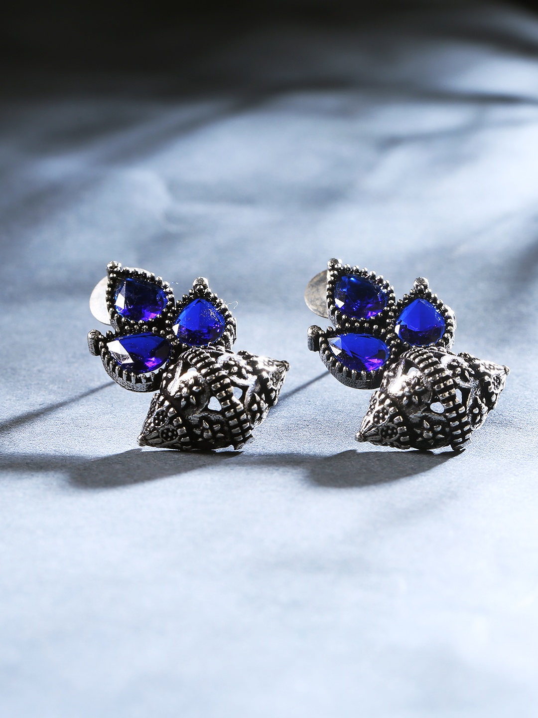 

LAIDA Silver-Plated & Blue Oxidized Drop Earrings