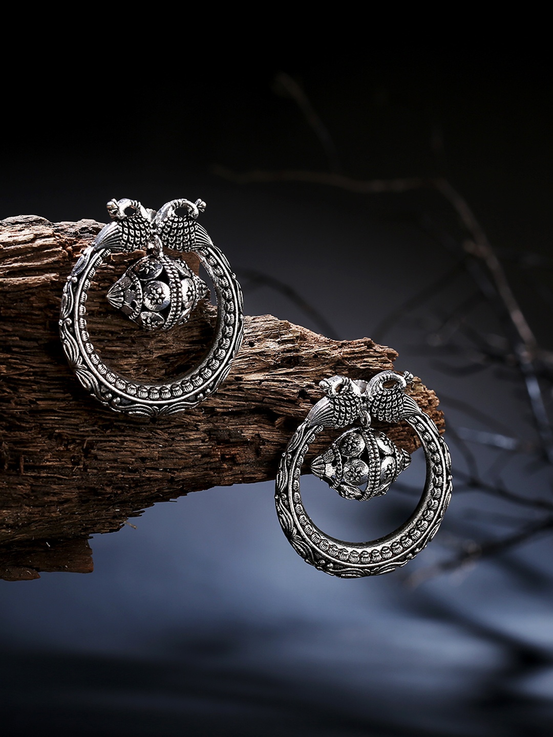 

LAIDA Silver-Plated Oxidized Circular Drop Earrings