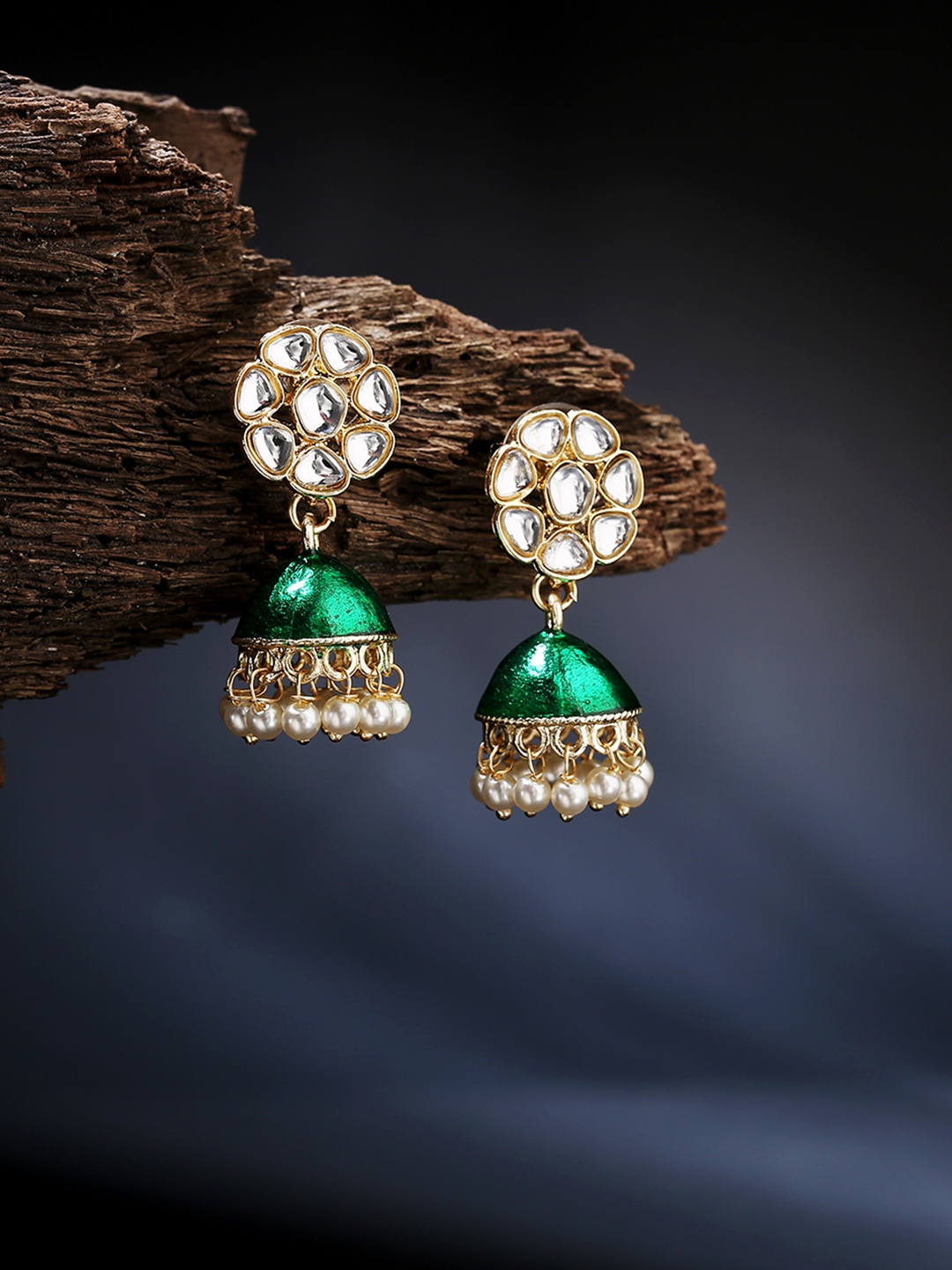 

LAIDA Gold-Toned & Green Dome Shaped Jhumkas