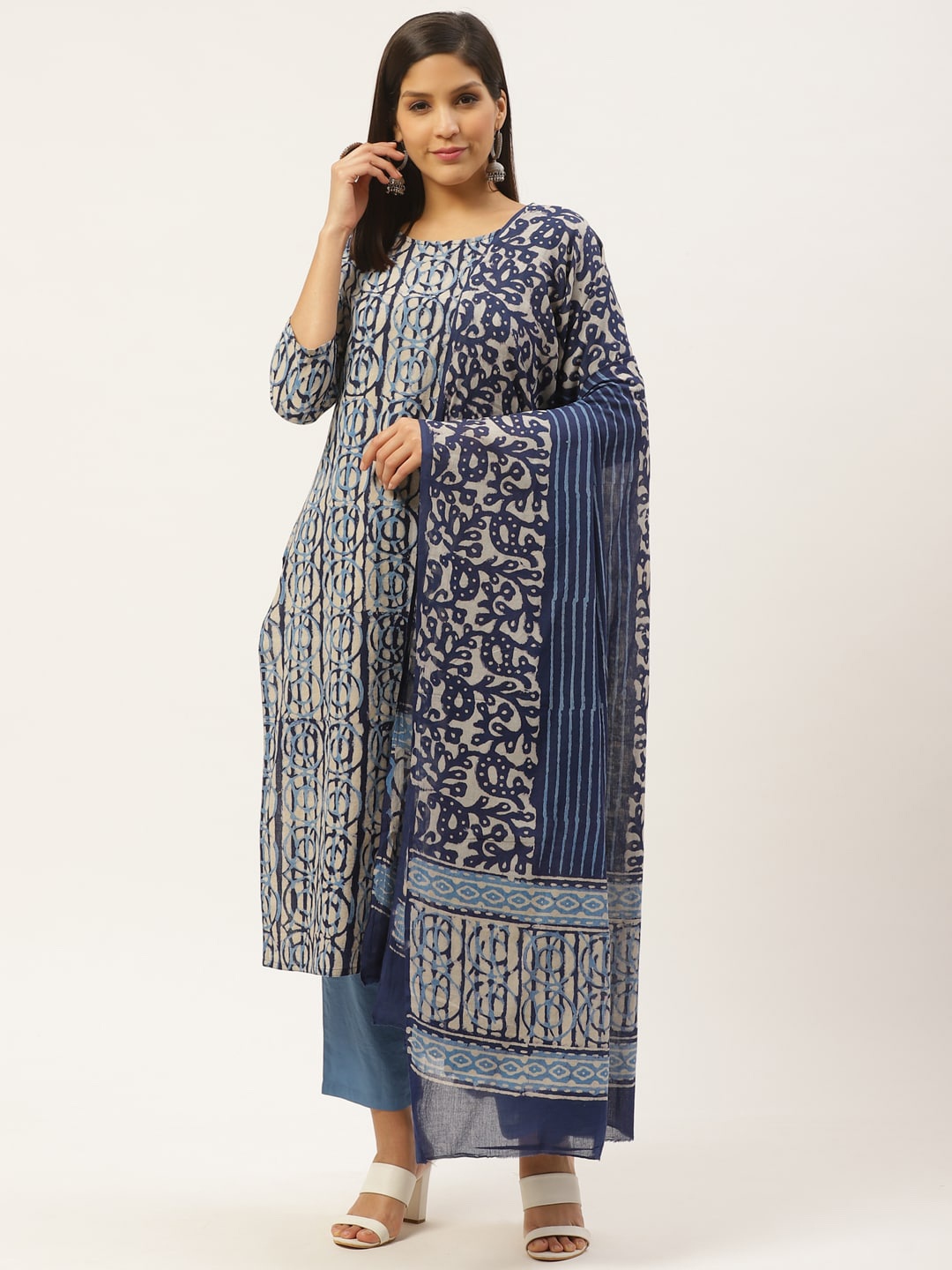 

Prakrti Women Grey & Blue Ethnic Hand Block Printed Sustainable Kurta with Trousers & Dupatta