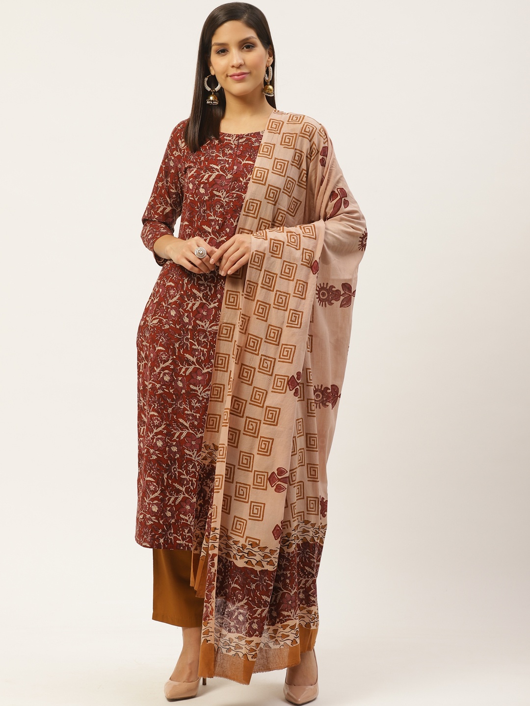 

Prakrti Women Rust Red Hand Block Jaal Printed Sustainable Kurta with Trousers & Dupatta