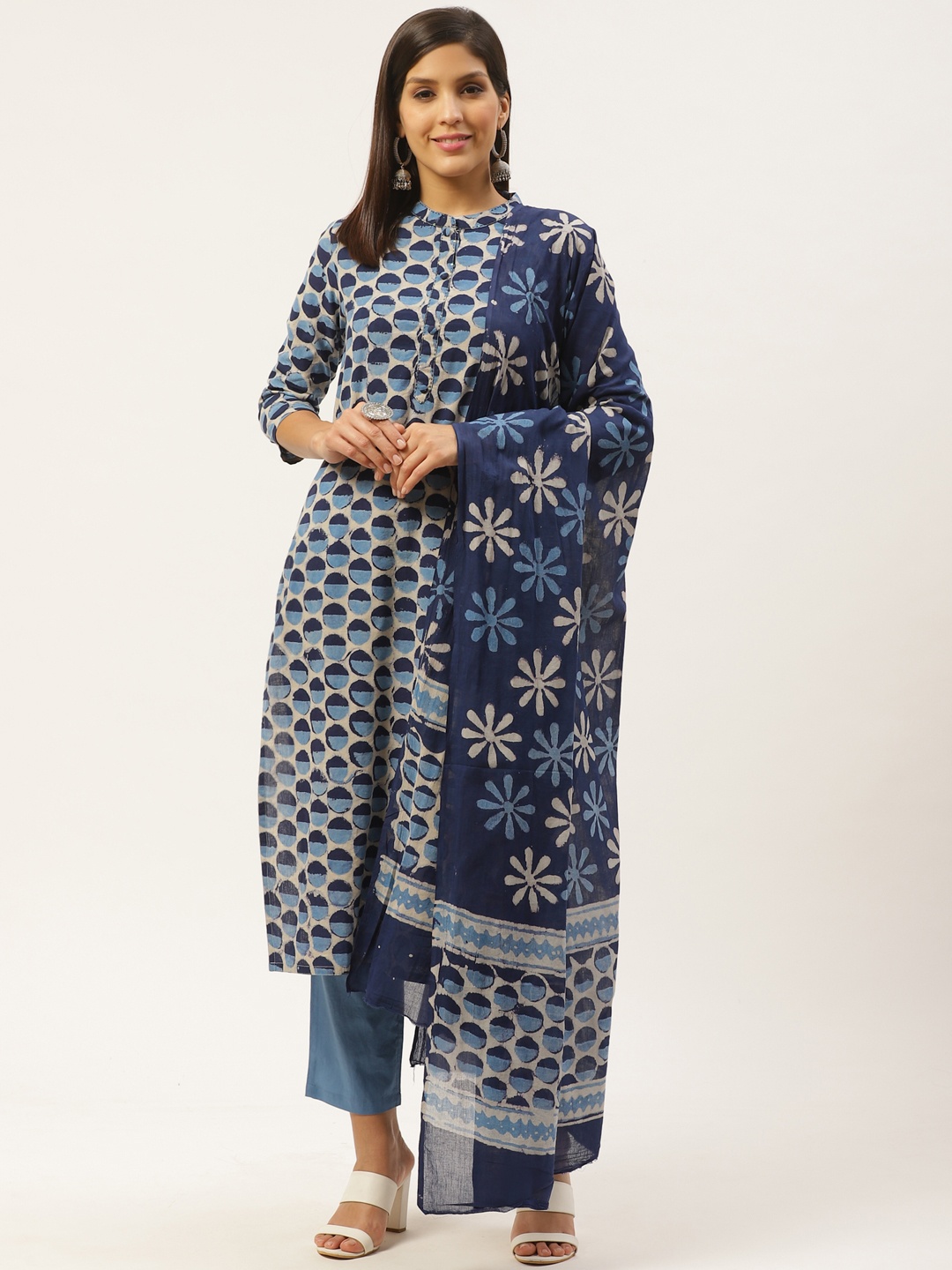 

Prakrti Women Blue & Grey Hand Block Print Sustainable Kurta with Trousers & Dupatta