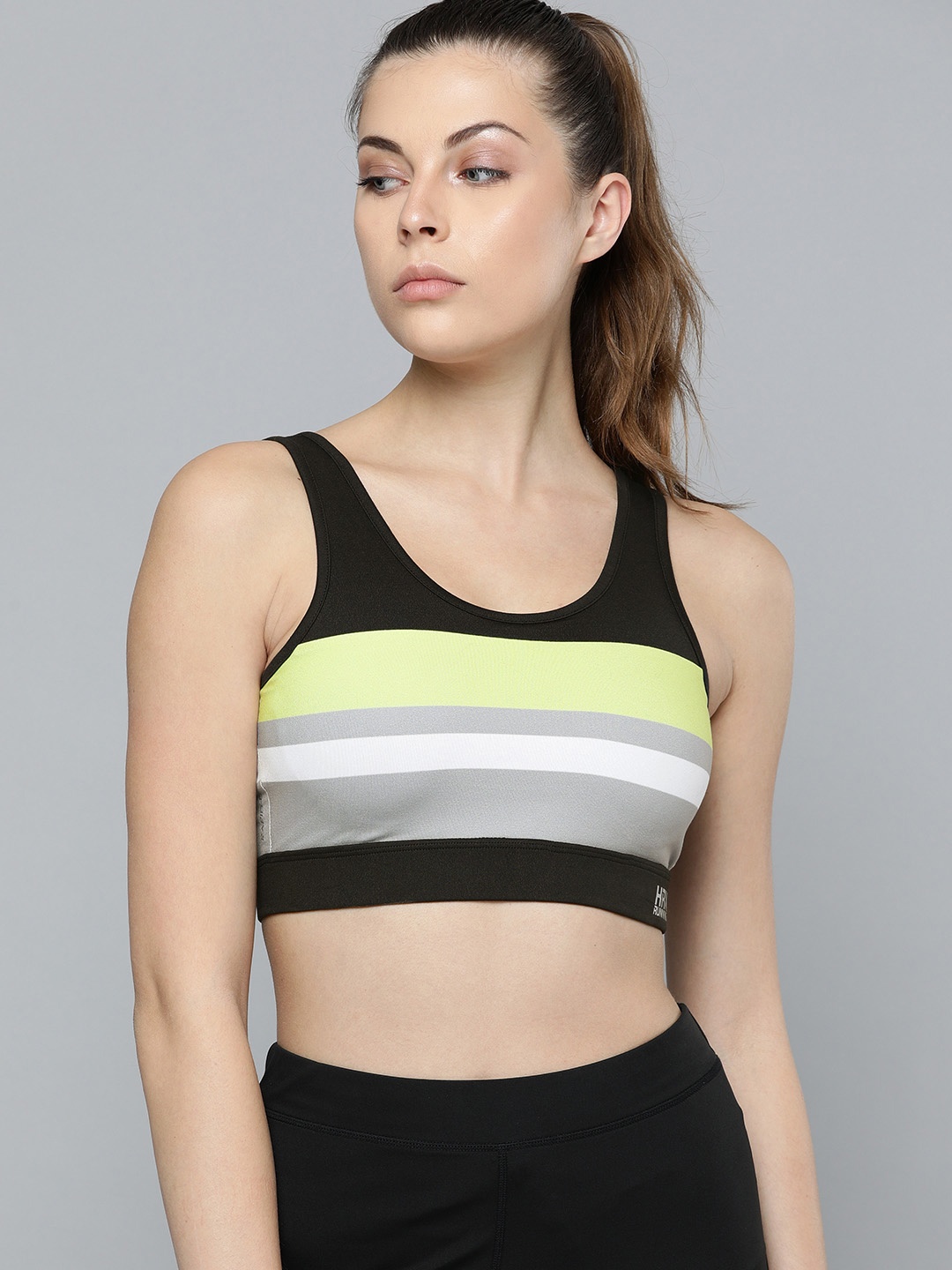 

HRX by Hrithik Roshan Jet Black & Lime Green Colourblocked Rapid-Dry Running Sports Bra