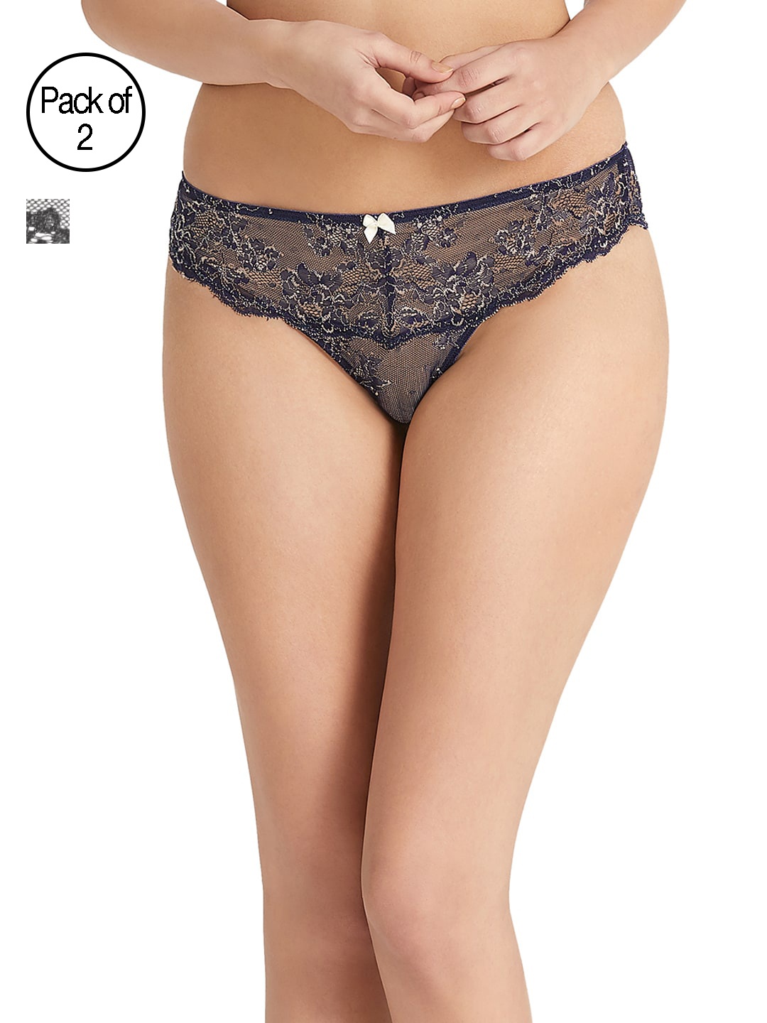 

Amante Women Pack of 2 Floral Lace Bikini Briefs, Navy blue
