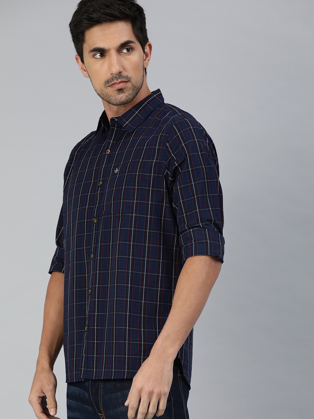 

WROGN Men Blue & White Slim Fit Checked Casual Shirt