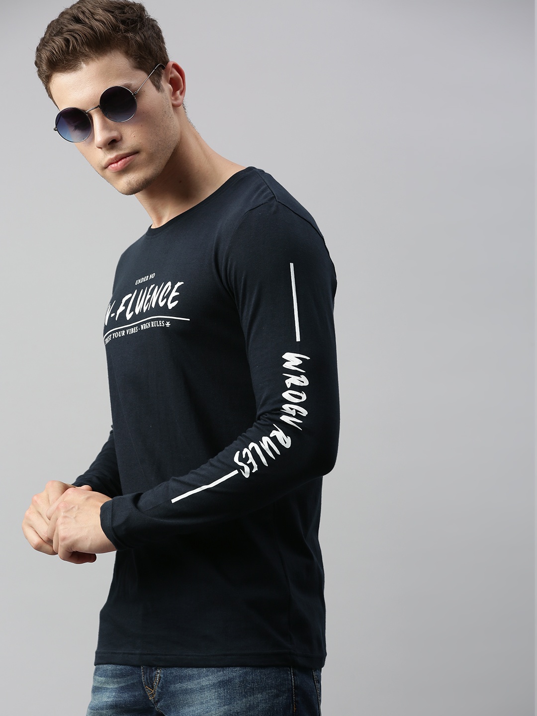 

WROGN Men Navy Blue Printed Slim Fit Round Neck Pure Cotton T-shirt